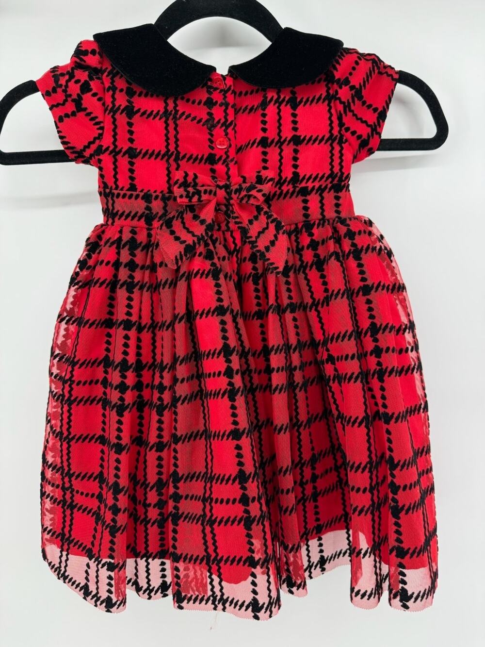 BluBer Boulevard Baby Girls Red Black Plaid Velvet Collar Bow Party Dress 24M